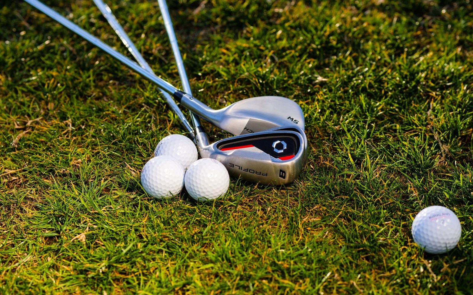 Golf clubs and several golf balls resting on grass