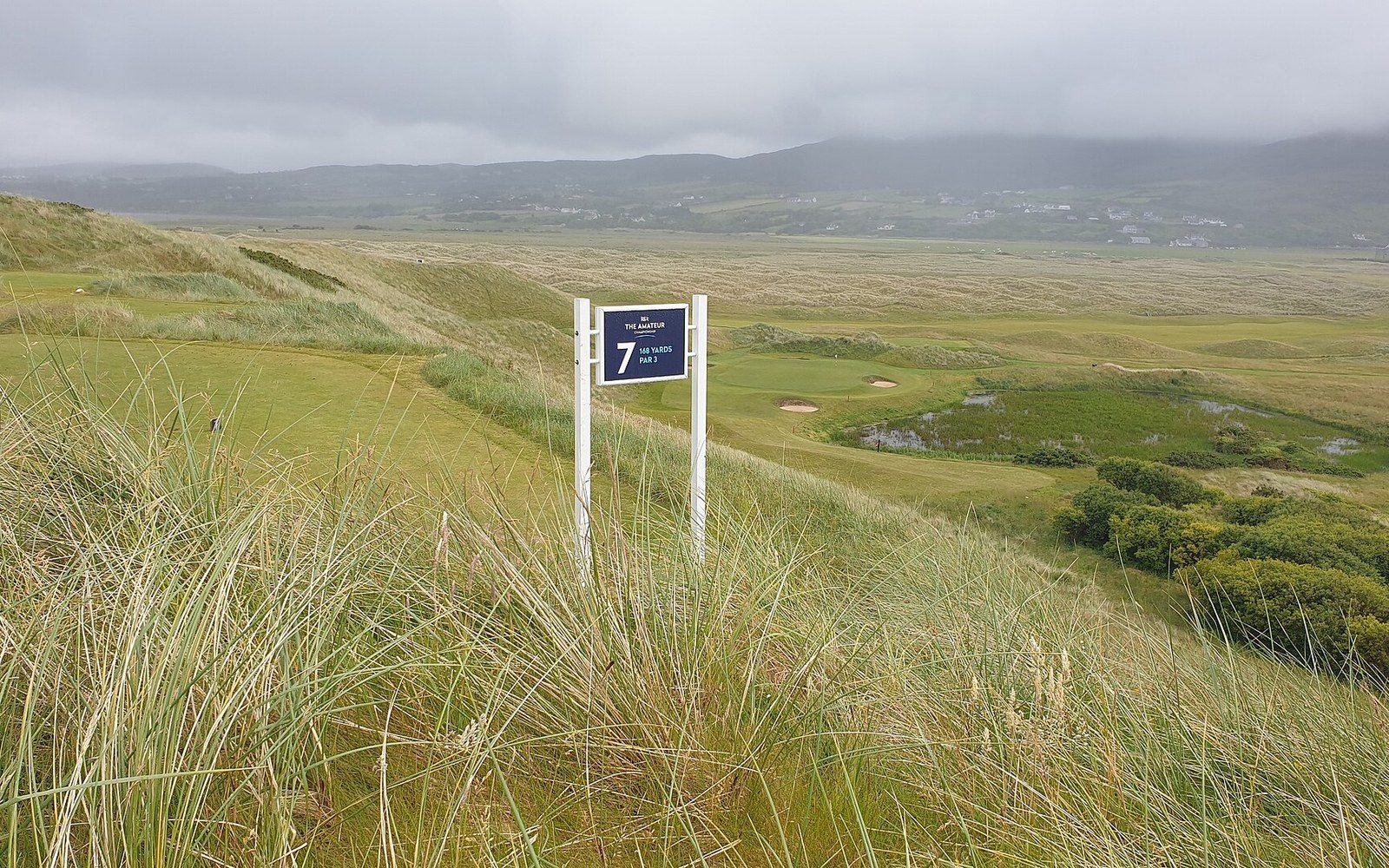 A tee sign for the seventh hole overlooks dune grass and a valley golf course