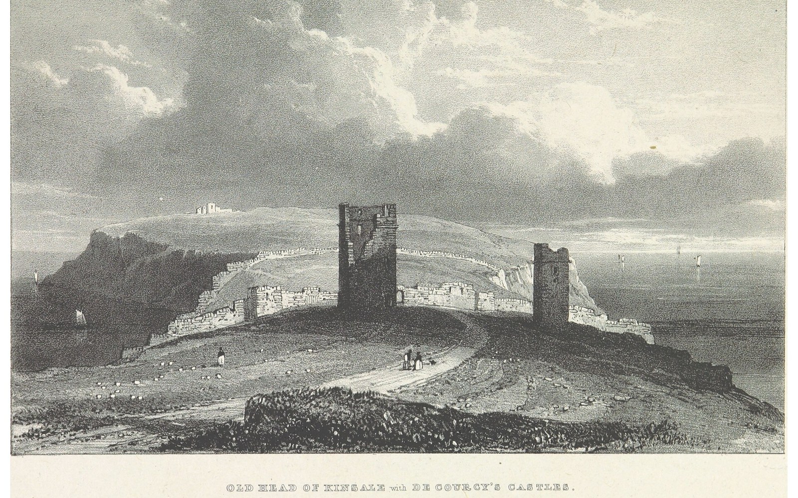 Engraving of ruined castle towers atop the coastal headland at Old Head of Kinsale