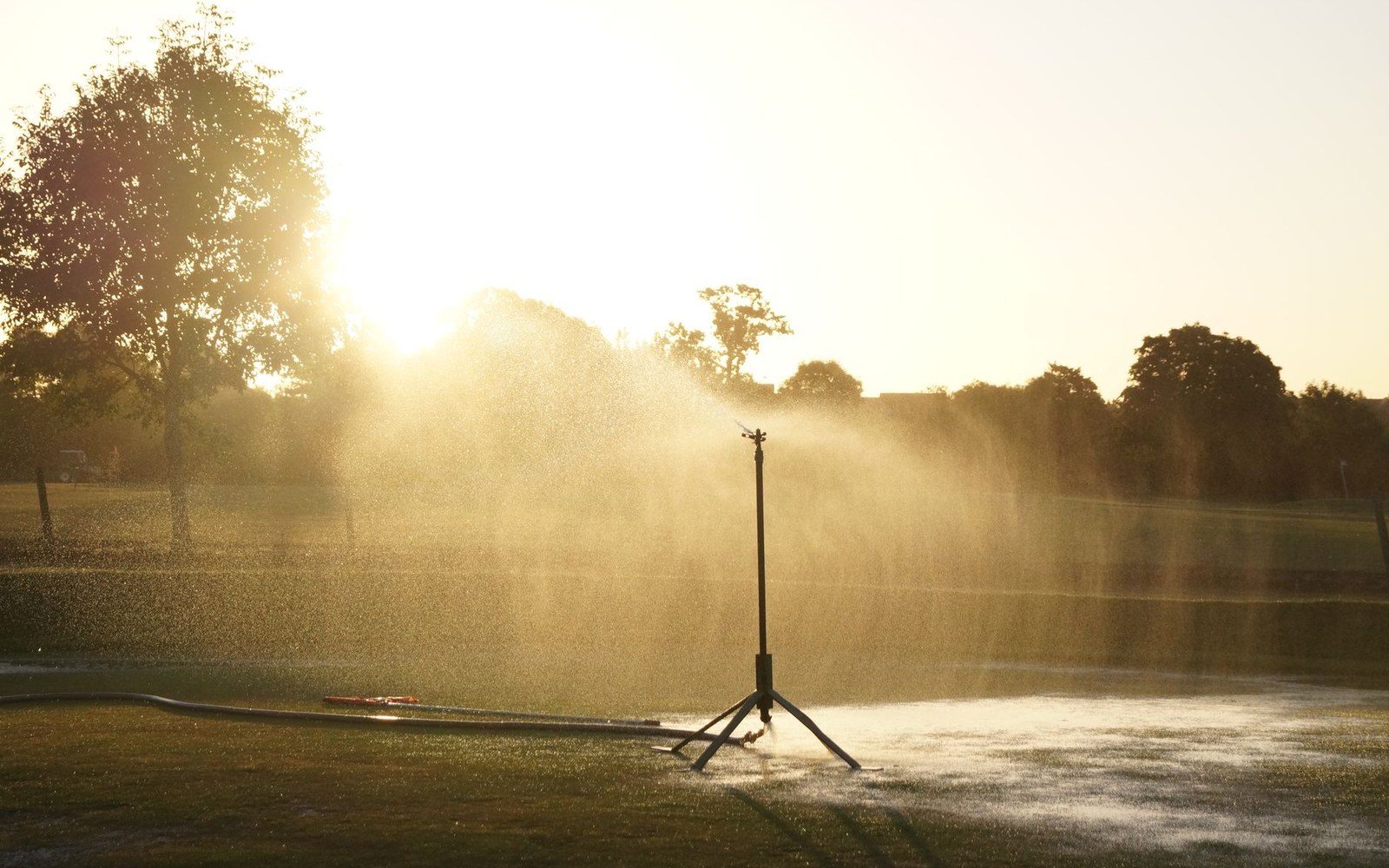 Sprinkler on a tripod sprays water across a field at sunset